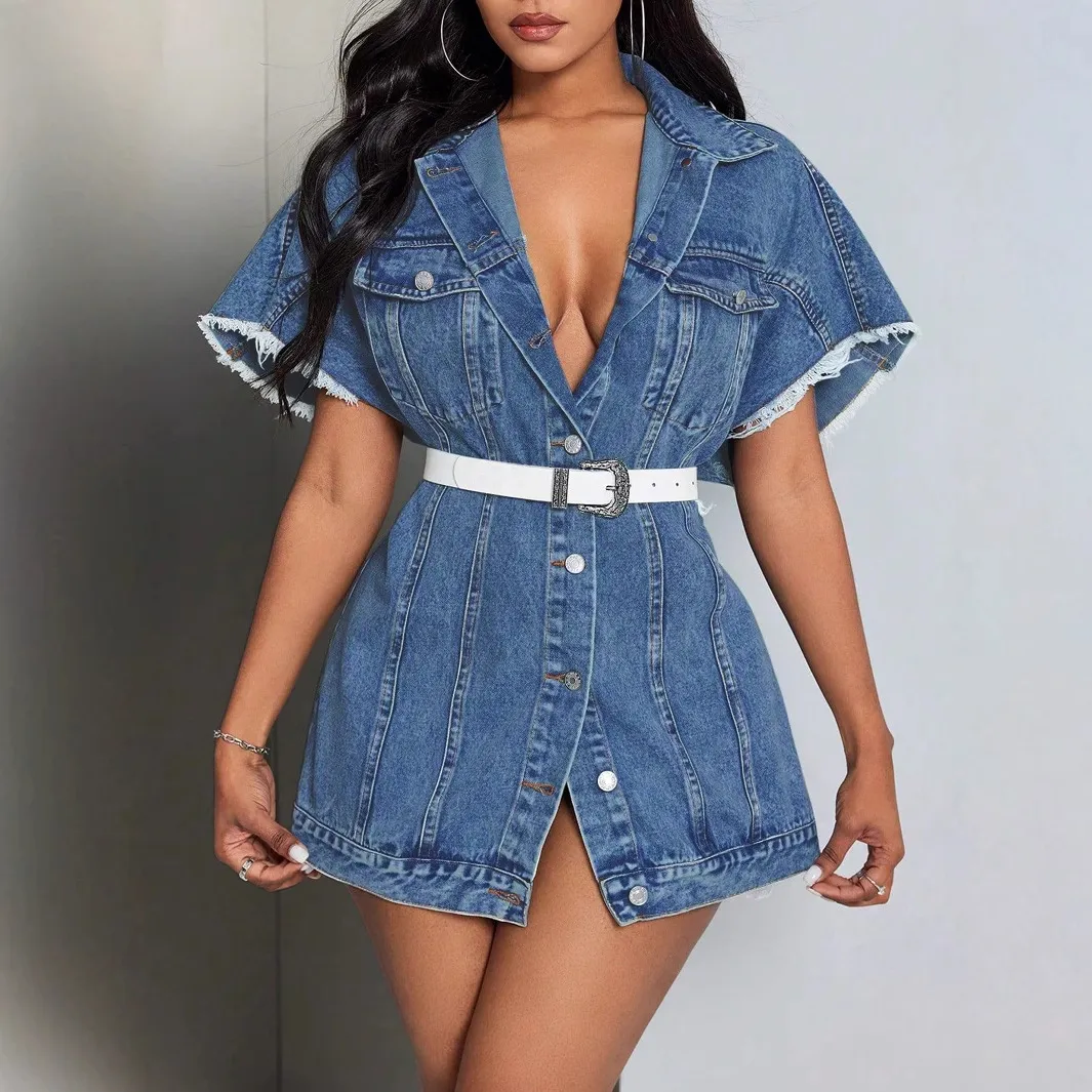 Women Retro Lapel Short Sleeve Denim Jacket