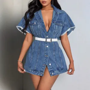 Women Retro Lapel Short Sleeve Denim Jacket