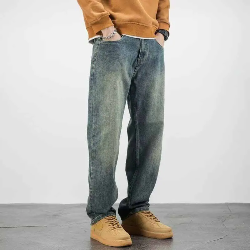 Men Fashion Vintage Straight Denim Jeans Mid-Rise Loose Long Pants