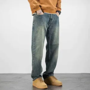 Men Fashion Vintage Straight Denim Jeans Mid-Rise Loose Long Pants