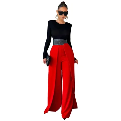 Women Casual Solid Color High-Waist Wide Leg Polyester Pants