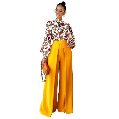 Women Casual Solid Color High-Waist Wide Leg Polyester Pants