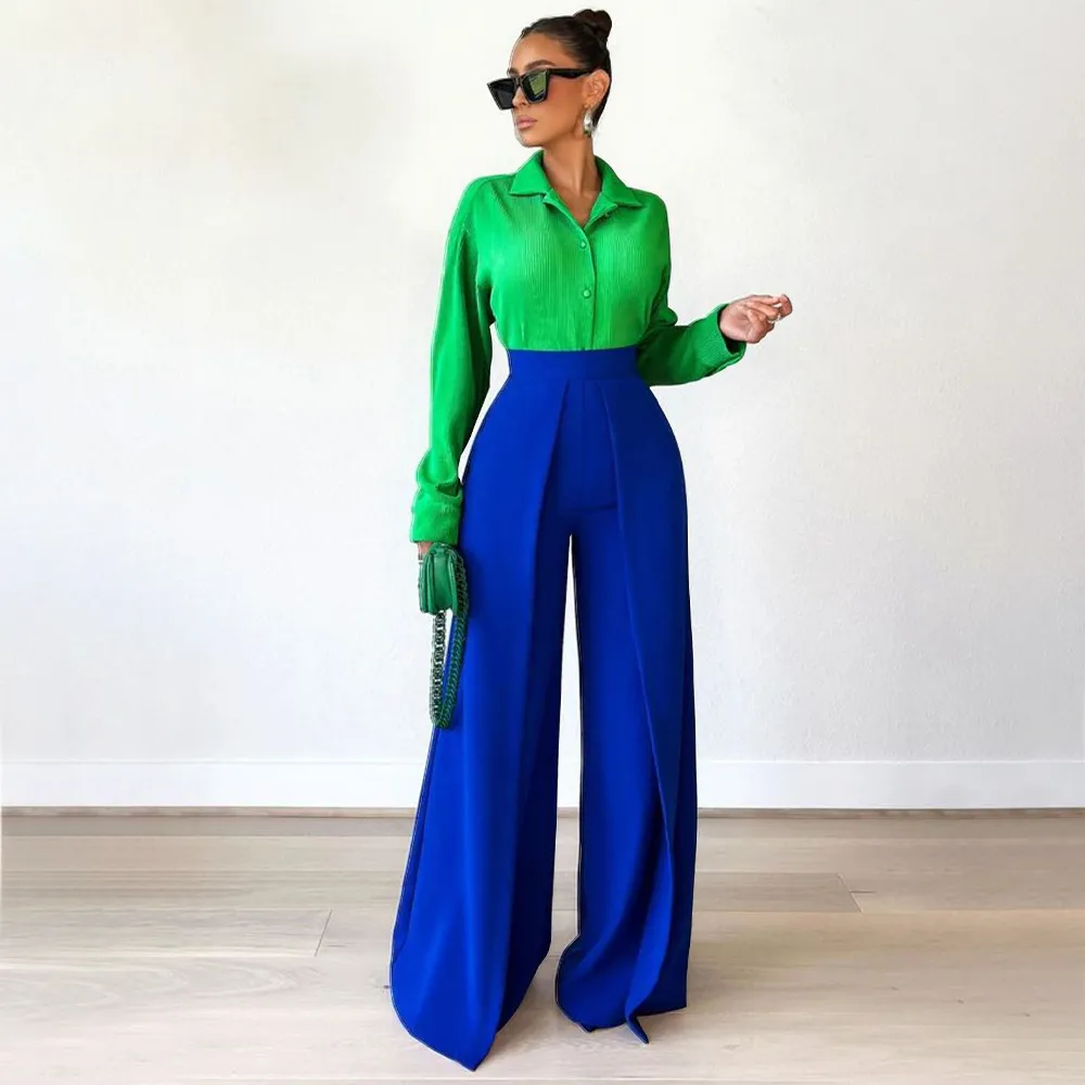 Women Casual Solid Color High-Waist Wide Leg Polyester Pants