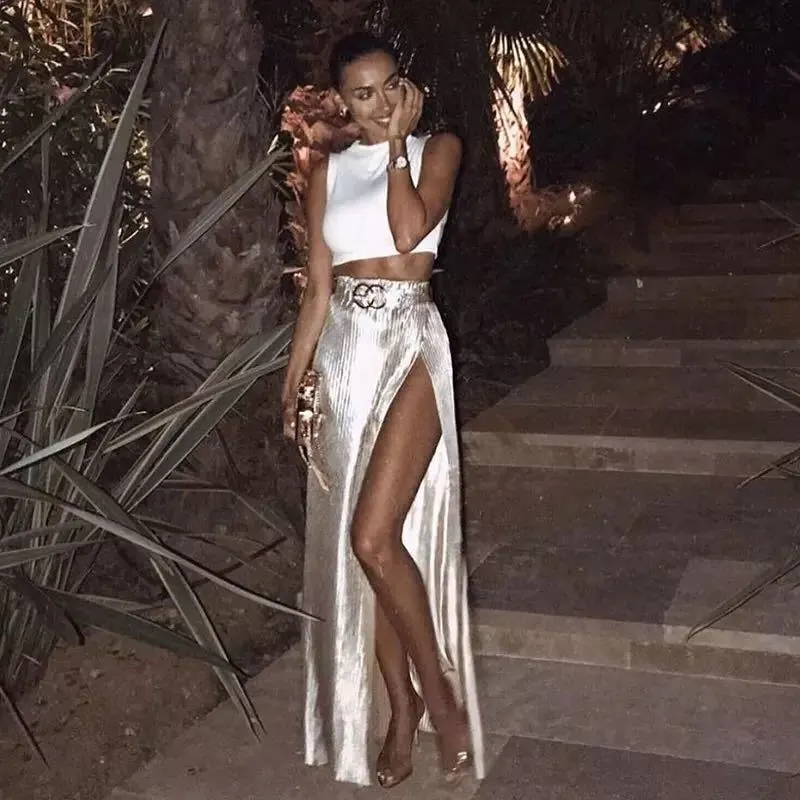 Women Fashion Sexy Solid Color Stripe Side Slit Pleated Skirt