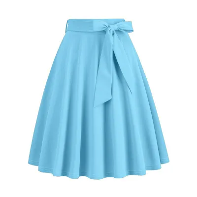 Women Elegant Solid Color Lace-Up Bowknot A-Line Denim Skirt