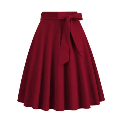 Women Elegant Solid Color Lace-Up Bowknot A-Line Denim Skirt