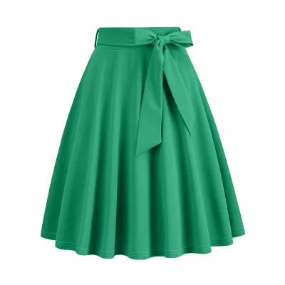 Women Elegant Solid Color Lace-Up Bowknot A-Line Denim Skirt