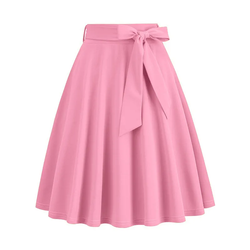 Women Elegant Solid Color Lace-Up Bowknot A-Line Denim Skirt