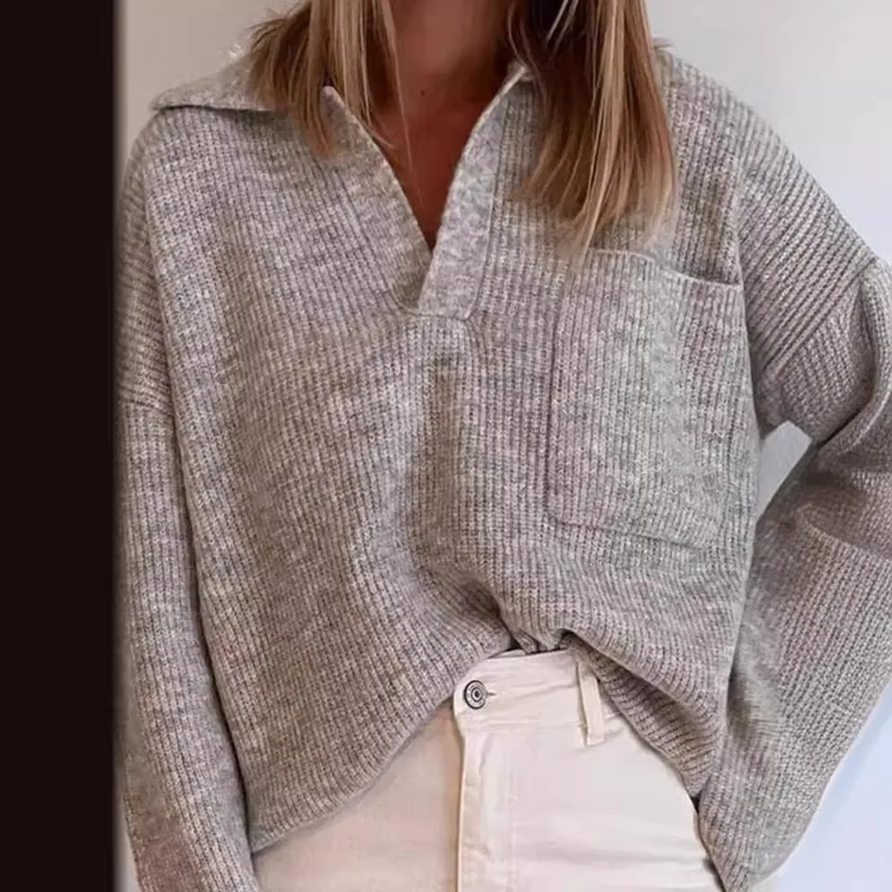 Women Casual Loose Viscose Cotton Knitted Sweater with V-Neck and Pockets