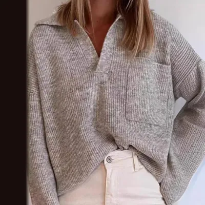 Women Casual Loose Viscose Cotton Knitted Sweater with V-Neck and Pockets