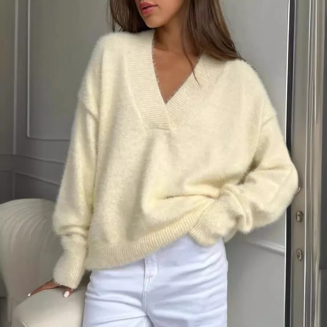Women Elegant Solid Color Loose V-Neck Cashmere Blend Knitted Sweater