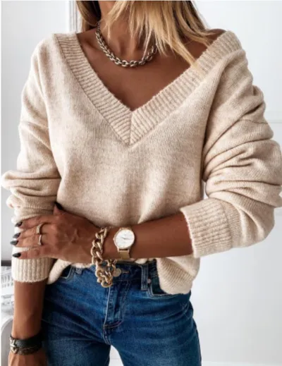 Women Casual Solid Color V-Neck Knitted Sweater in Cotton Cashmere