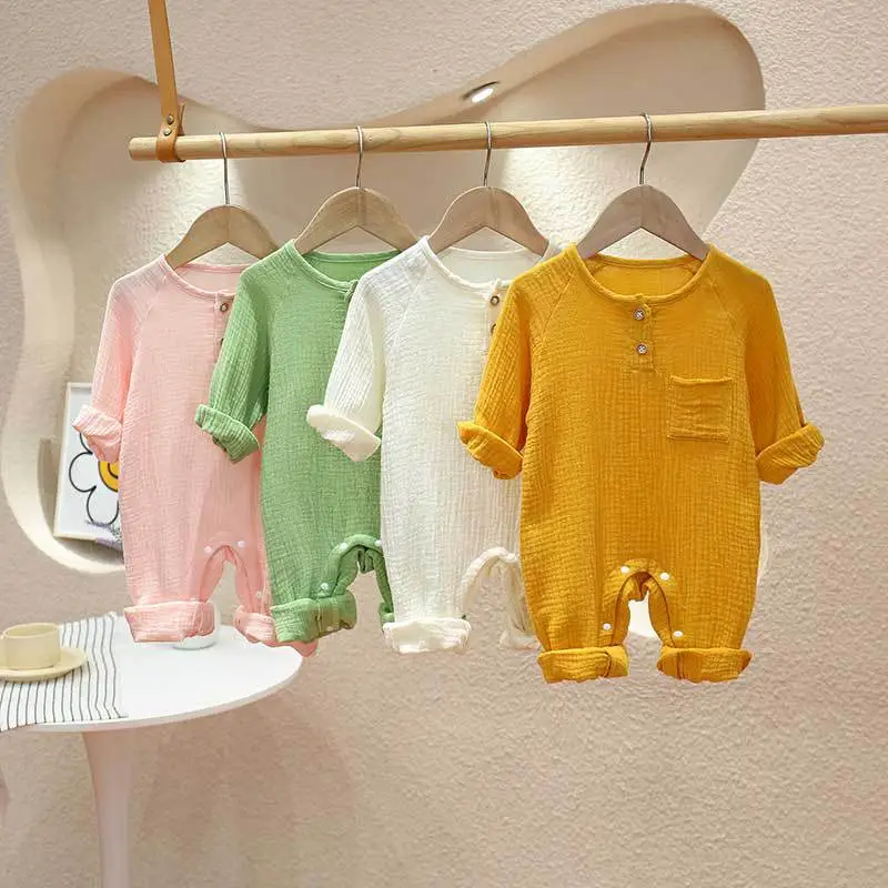 Kids Baby Boys Girls Cute Solid Color Cotton Long Sleeve Romper Leisure