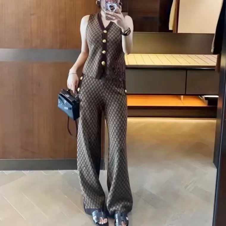 Women Casual Retro Sleeveless Knitted Vest with Metal Buckle Wide Leg Pants Two-Piece Set