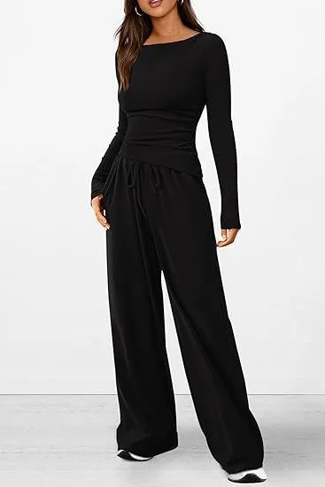 Autumn Winter Casual Asymmetric Long-Sleeved T-Shirt Wide-Leg Pants Set Japanese Korean Leisure Sportswear