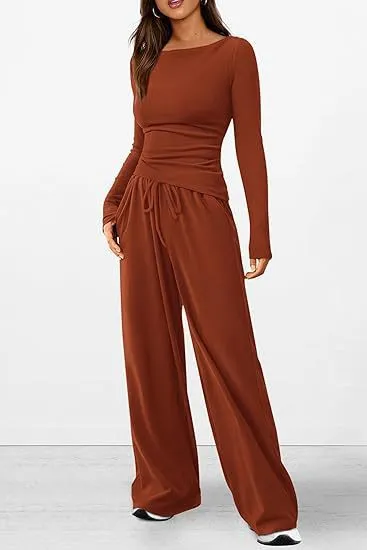 Autumn Winter Casual Asymmetric Long-Sleeved T-Shirt Wide-Leg Pants Set Japanese Korean Leisure Sportswear