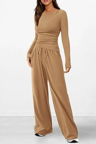Autumn Winter Casual Asymmetric Long-Sleeved T-Shirt Wide-Leg Pants Set Japanese Korean Leisure Sportswear