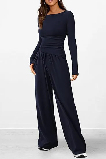 Autumn Winter Casual Asymmetric Long-Sleeved T-Shirt Wide-Leg Pants Set Japanese Korean Leisure Sportswear