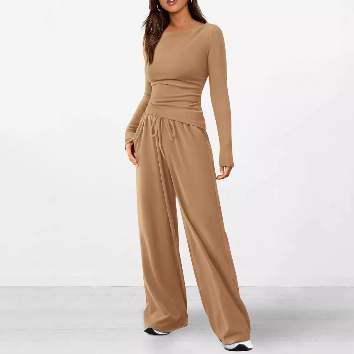 Autumn Winter Casual Asymmetric Long-Sleeved T-Shirt Wide-Leg Pants Set Japanese Korean Leisure Sportswear
