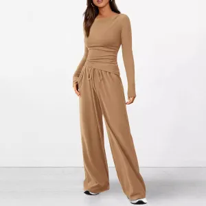 Autumn Winter Casual Asymmetric Long-Sleeved T-Shirt Wide-Leg Pants Set Japanese Korean Leisure Sportswear