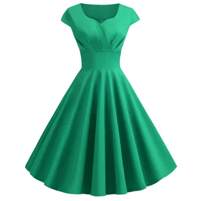 Vintage Women Solid Color Cap Sleeve Swing Midi Dress