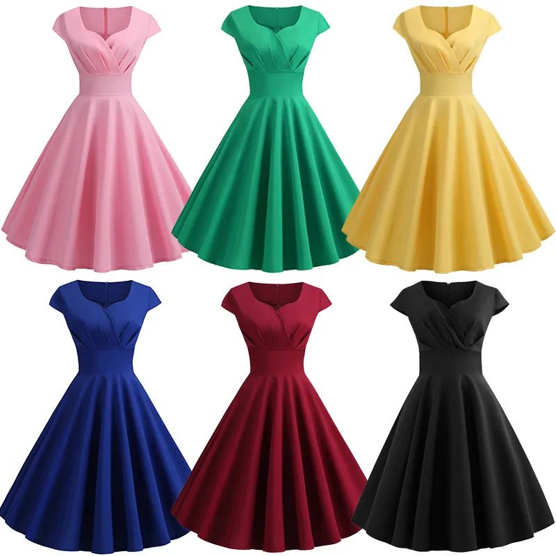 Vintage Women Solid Color Cap Sleeve Swing Midi Dress