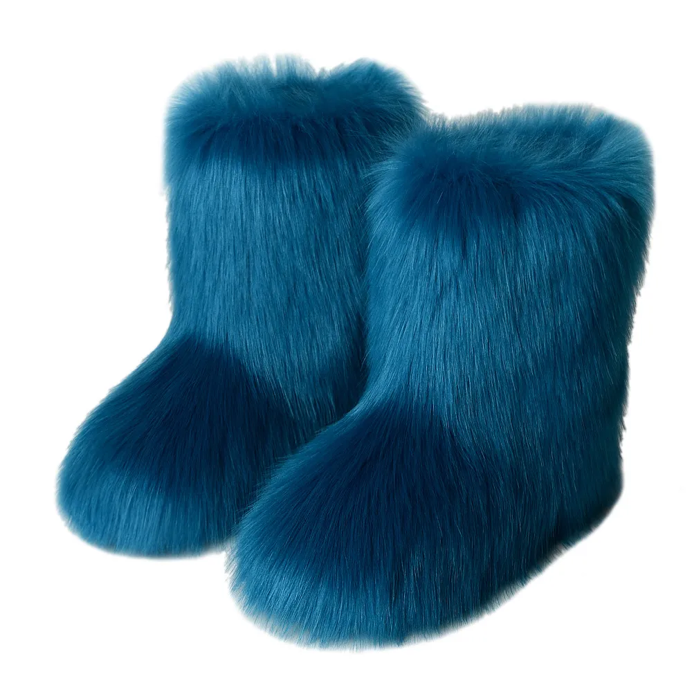 Winter Women Flat Heel High Top Round Toe Medium Tube Faux Fox Fur Snow Boots
