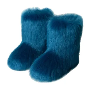 Winter Women Flat Heel High Top Round Toe Medium Tube Faux Fox Fur Snow Boots