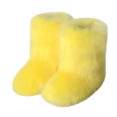 Winter Women Flat Heel High Top Round Toe Medium Tube Faux Fox Fur Snow Boots
