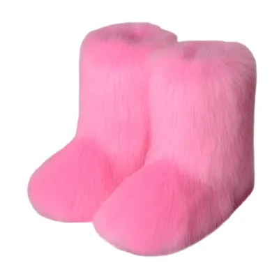 Winter Women Flat Heel High Top Round Toe Medium Tube Faux Fox Fur Snow Boots