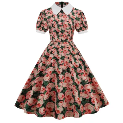 Women Vintage Summer Floral Printed Short-Sleeved Doll Collar Casual Large Swing Dress