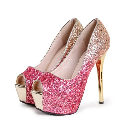 Women Fashion Sexy Gradient Sequins Platform Waterproof Super High Thin Heels Peep Toe