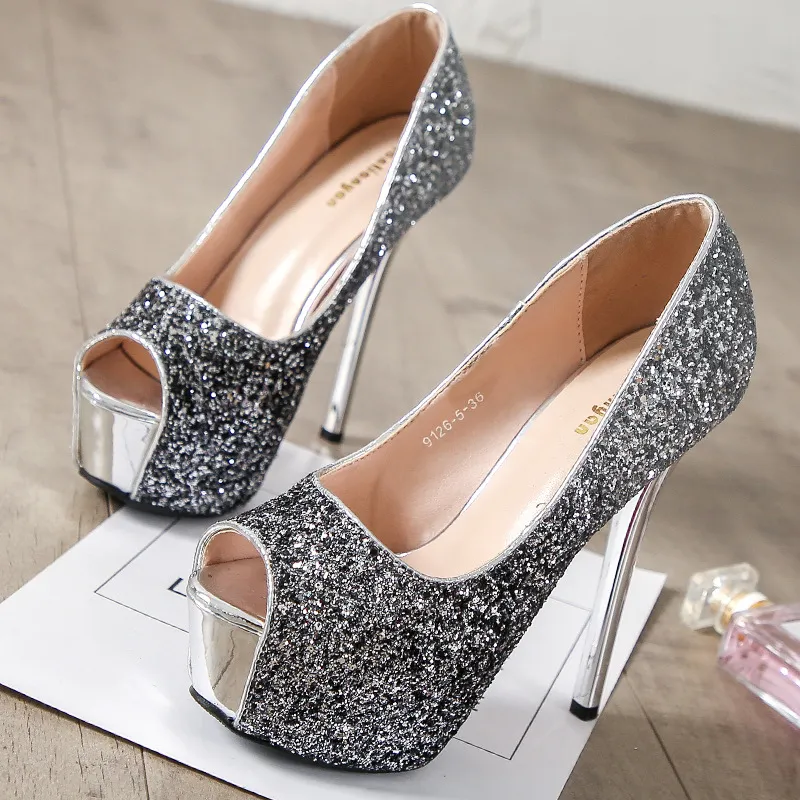 Women Fashion Sexy Gradient Sequins Platform Waterproof Super High Thin Heels Peep Toe