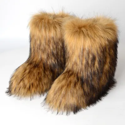 Women Winter Flat Heel High-Top Round Toe Medium Tube Faux Fox Fur Snow Boots