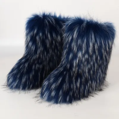 Women Winter Flat Heel High-Top Round Toe Medium Tube Faux Fox Fur Snow Boots