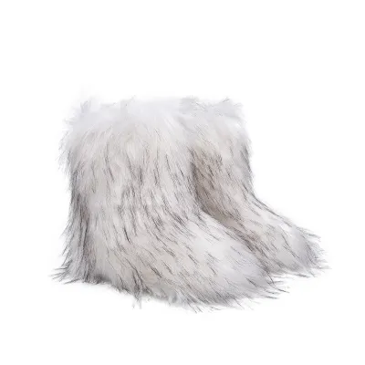 Women Winter Flat Heel High-Top Round Toe Medium Tube Faux Fox Fur Snow Boots