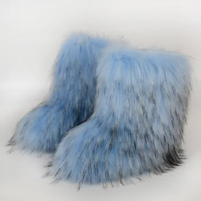 Women Winter Flat Heel High-Top Round Toe Medium Tube Faux Fox Fur Snow Boots