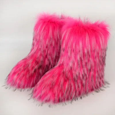 Women Winter Flat Heel High-Top Round Toe Medium Tube Faux Fox Fur Snow Boots