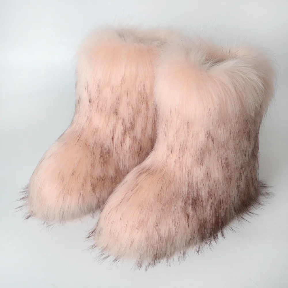 Women Winter Flat Heel High-Top Round Toe Medium Tube Faux Fox Fur Snow Boots