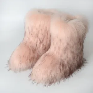 Women Winter Flat Heel High-Top Round Toe Medium Tube Faux Fox Fur Snow Boots