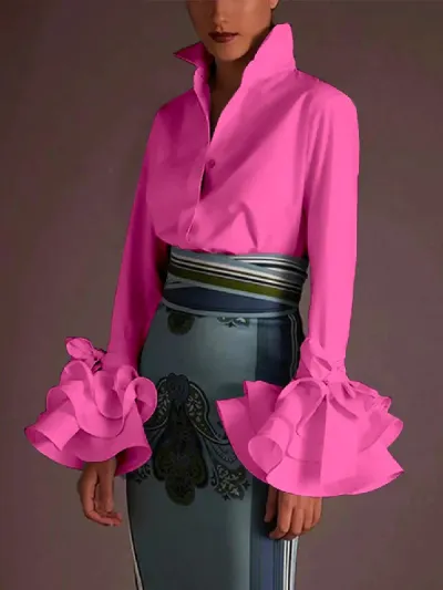 Women Casual Solid Color Lotus Leaf Sleeve Blouse