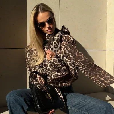 Women Fashion Sexy Leopard Lace-Up Long Sleeve Blouse