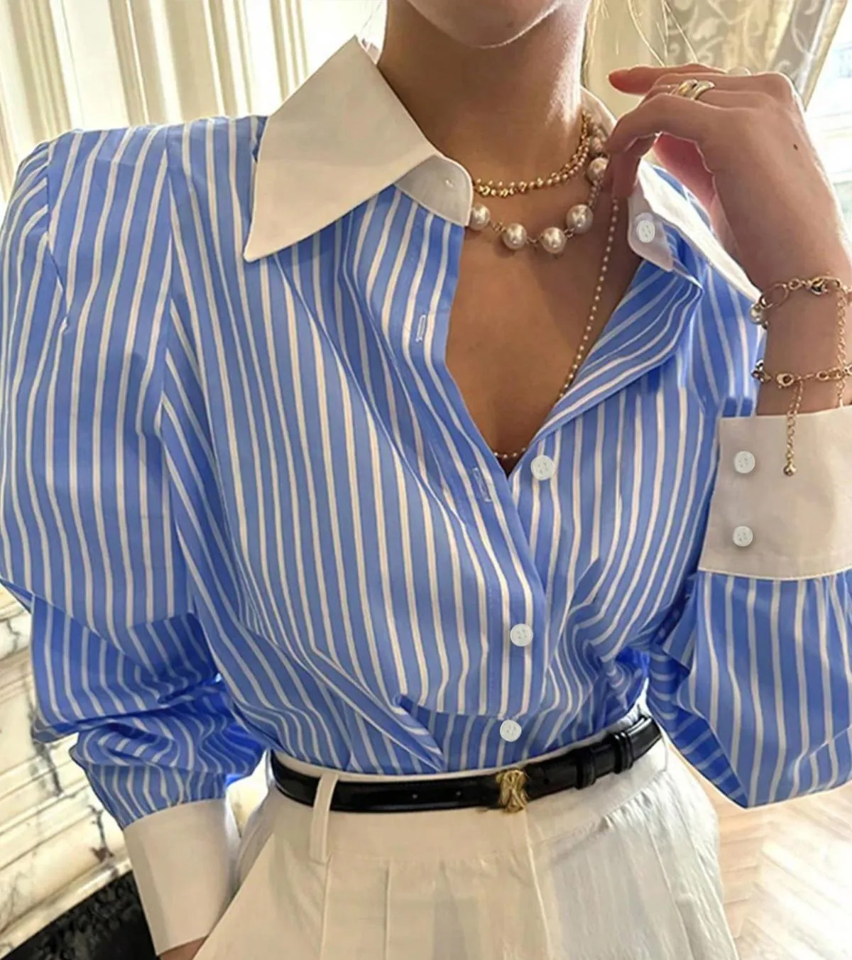 Women Casual Stripe Lapel Long-Sleeve Blouse Cardigan