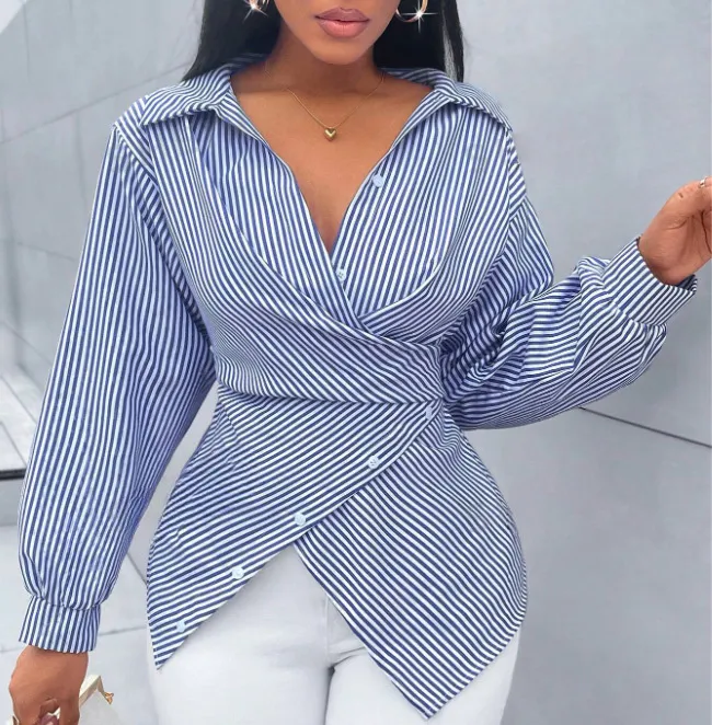 Women Fashion Sexy Stripe Lapel Long Sleeve Blouse