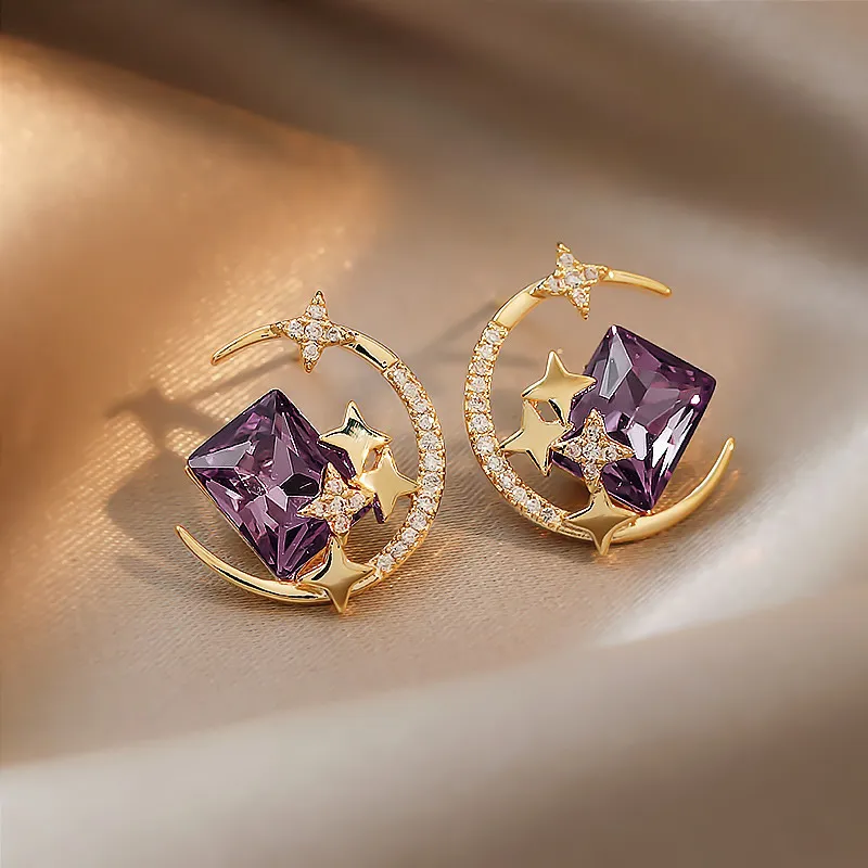 Women Fashion Rhinestone Star Moon Earrings Simple Alloy