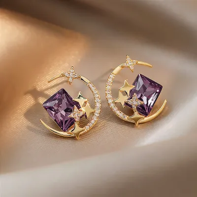 Women Fashion Rhinestone Star Moon Earrings Simple Alloy