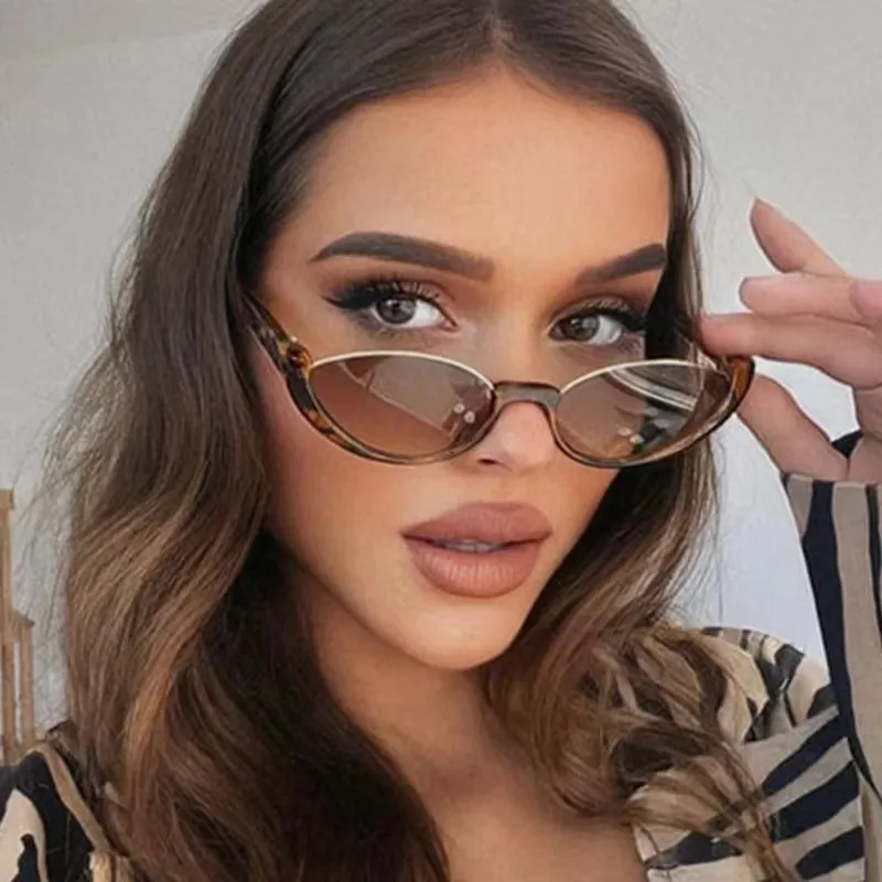 Women Fashion Metal Small PC Oval Frame Cat Eye Sunglasses