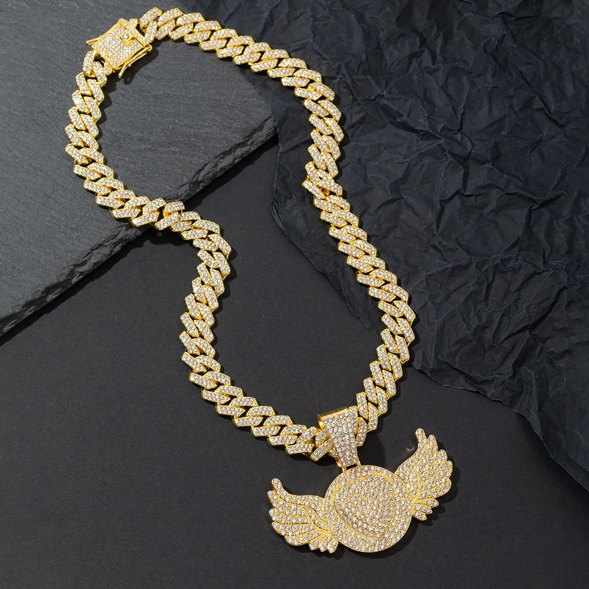 Exaggerated Hip Hop Rhinestone Wings Pendant Necklace