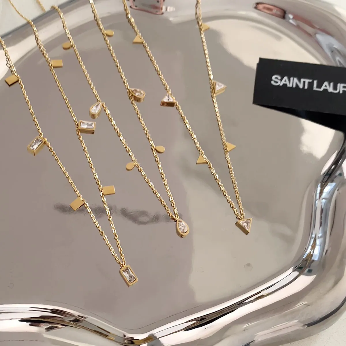 Women Fashion Rhinestone Sequin Water Drop Geometric Necklace Titanium Steel Cross Chain