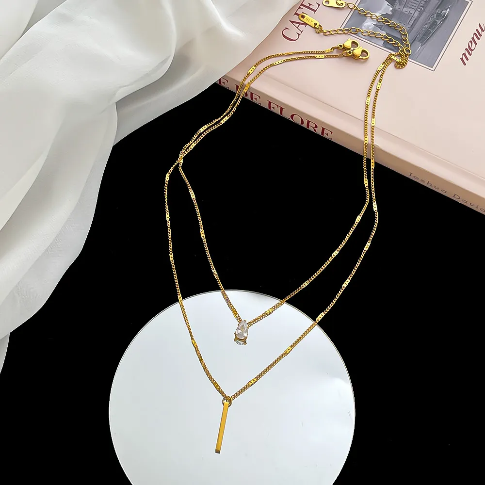 Women Fashion Elegant Rhinestone Double Layer Titanium Steel Necklace